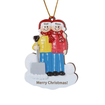 Snow Shoveling Family Personalized Wooden Christmas Ornament with Custom 2 Names