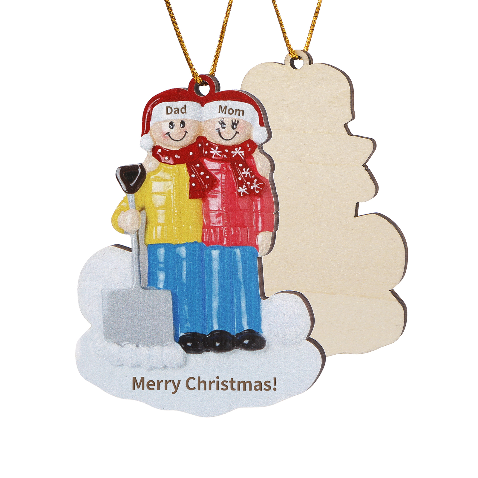Snow Shoveling Family Personalized Wooden Christmas Ornament with Custom 2 Names