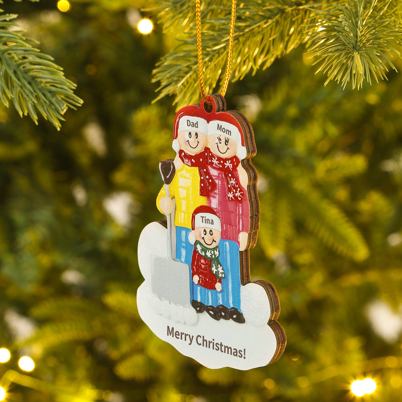 Snow Shoveling Family Personalized Wooden Christmas Ornament with Custom 3 Names
