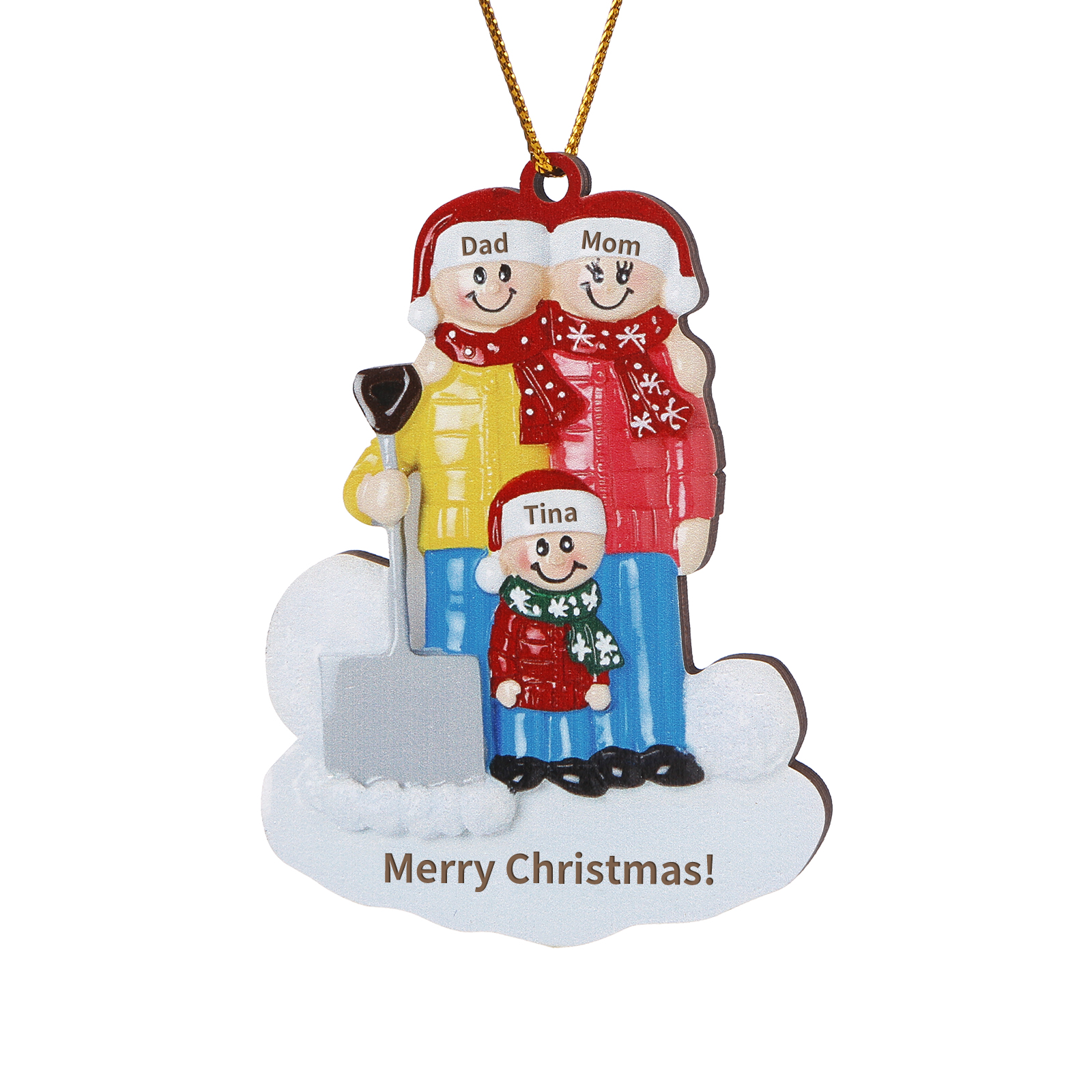 Snow Shoveling Family Personalized Wooden Christmas Ornament with Custom 3 Names