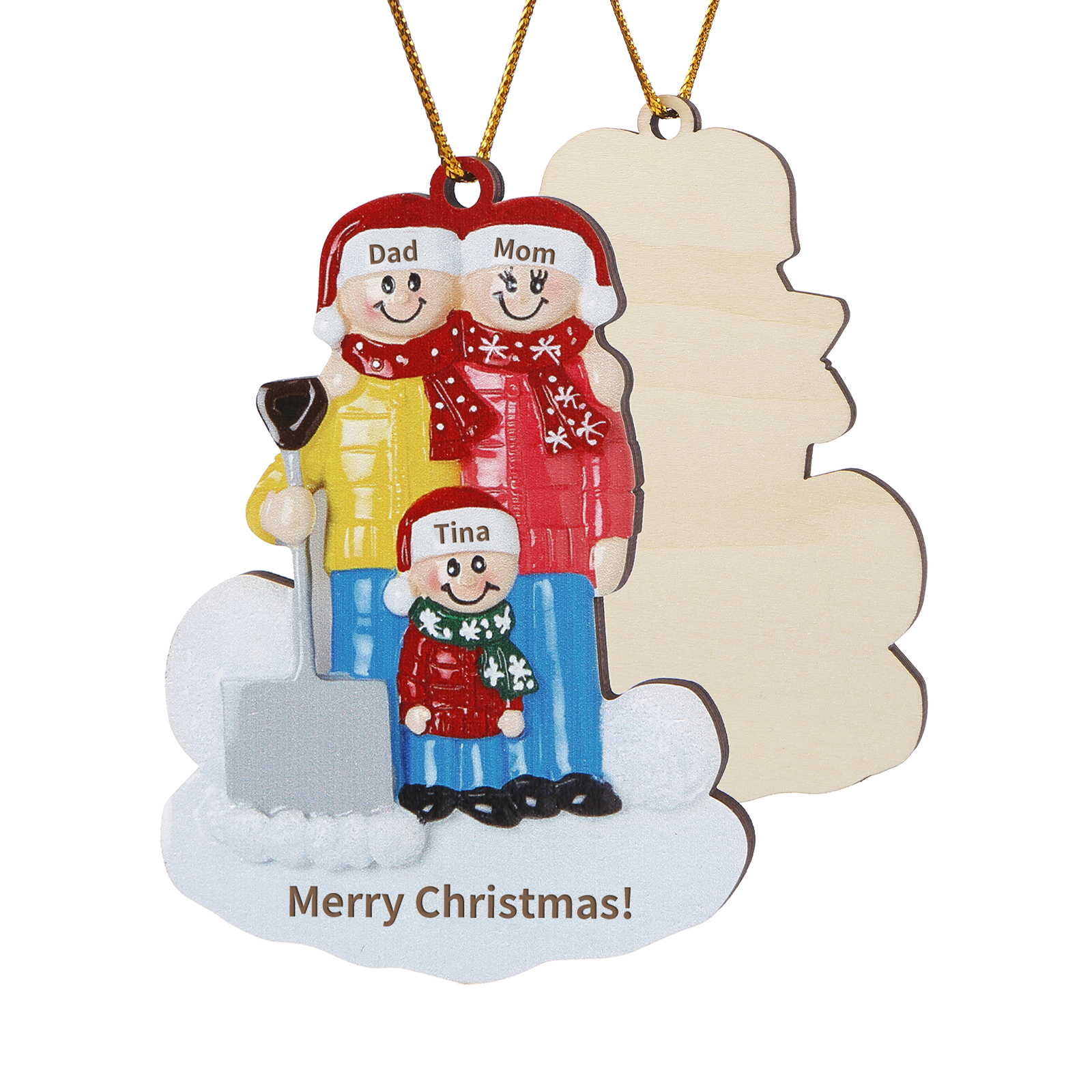 Snow Shoveling Family Personalized Wooden Christmas Ornament with Custom 3 Names