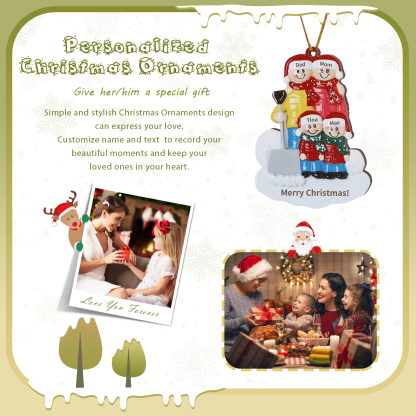 Snow Shoveling Family Personalized Wooden Christmas Ornament with Custom 4 Names