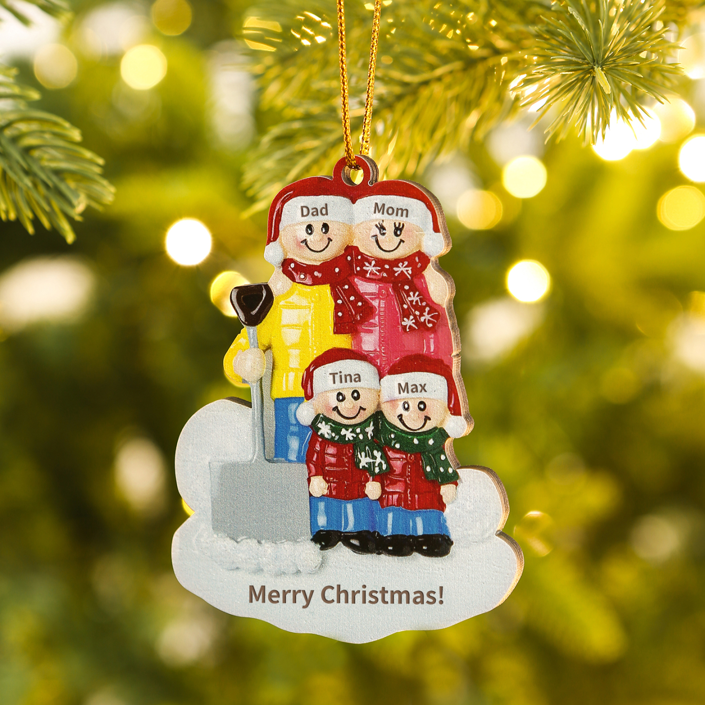 Snow Shoveling Family Personalized Wooden Christmas Ornament with Custom 4 Names