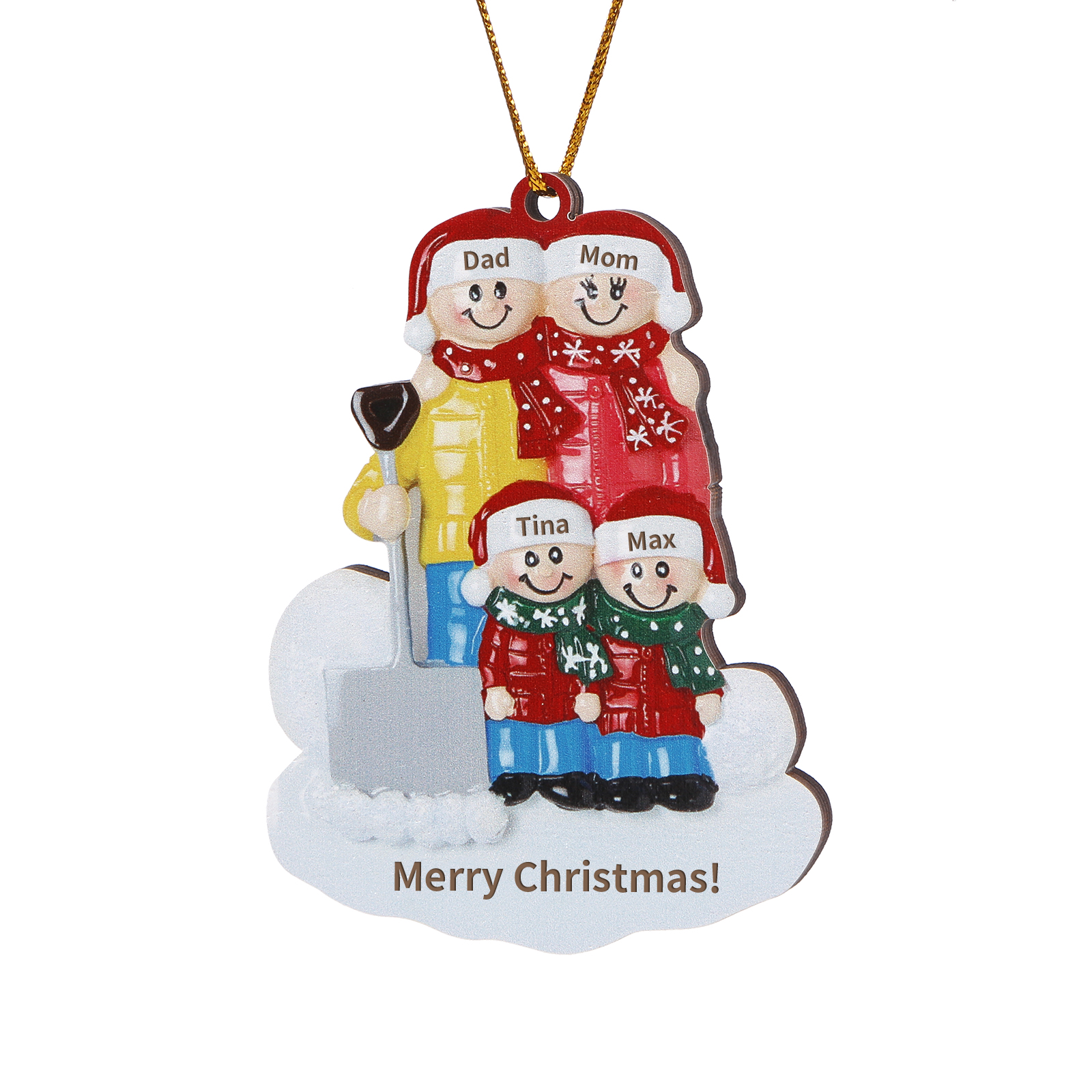 Snow Shoveling Family Personalized Wooden Christmas Ornament with Custom 4 Names