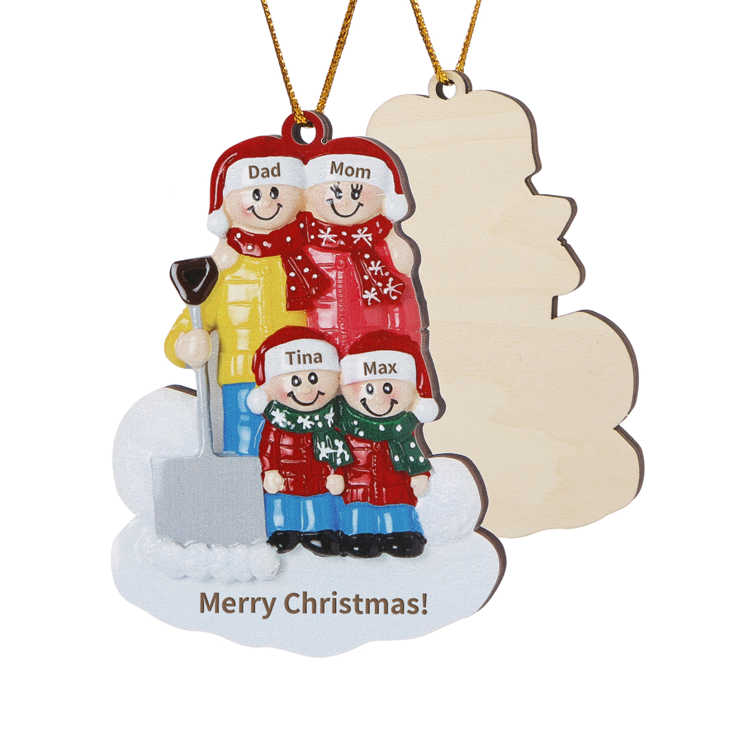 Snow Shoveling Family Personalized Wooden Christmas Ornament with Custom 4 Names