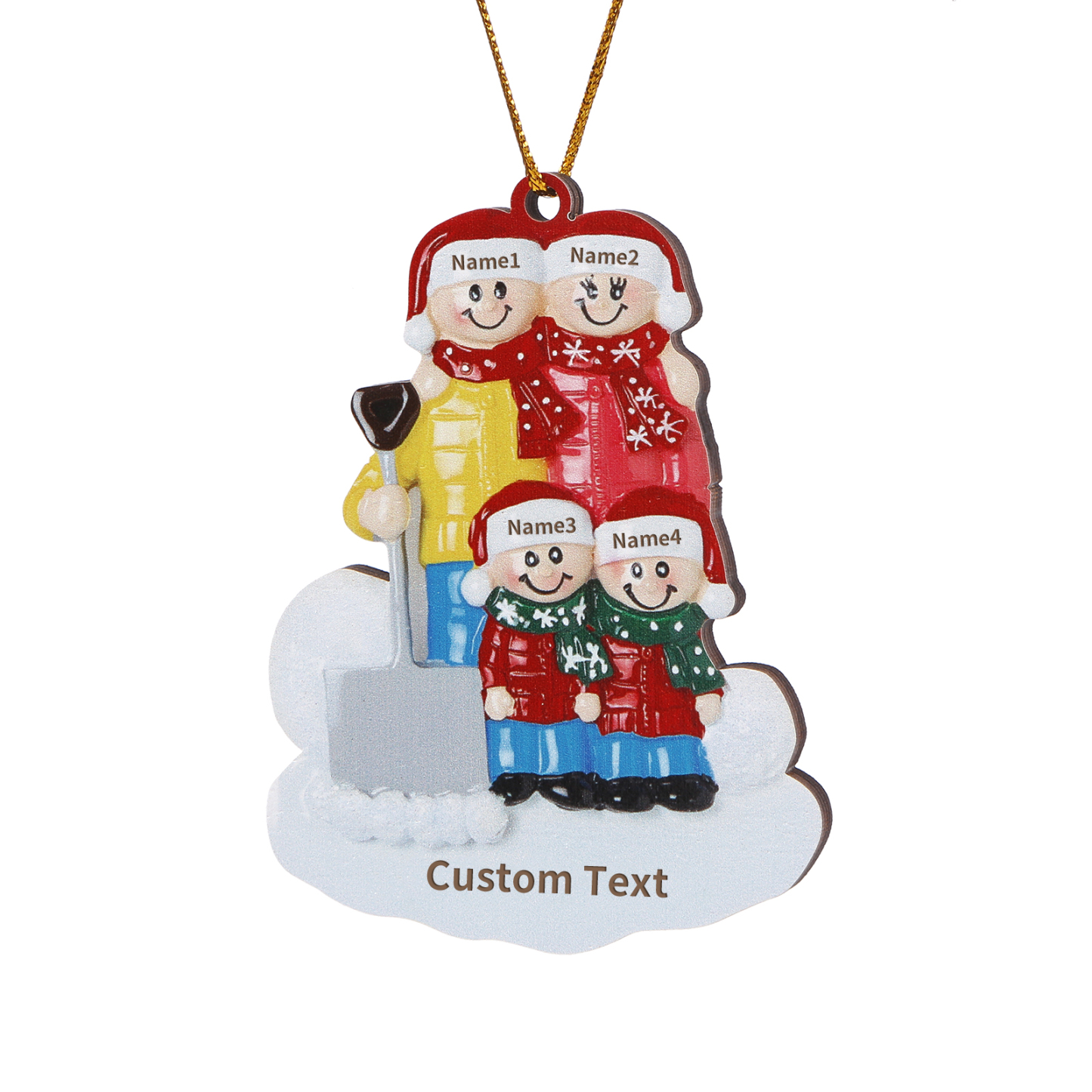 Snow Shoveling Family Personalized Wooden Christmas Ornament with Custom 4 Names