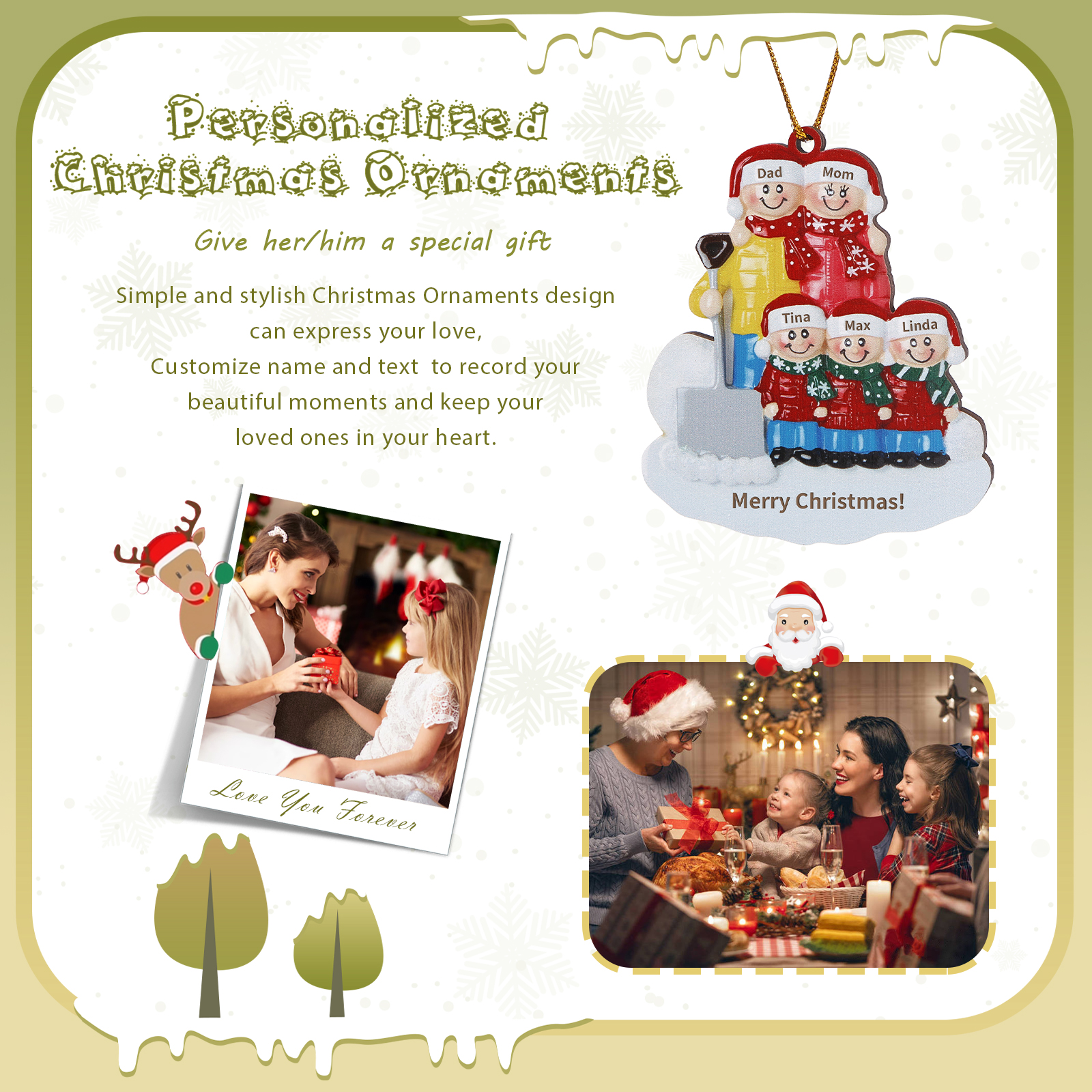 Snow Shoveling Family Personalized Wooden Christmas Ornament with Custom 5 Names