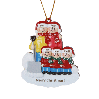 Snow Shoveling Family Personalized Wooden Christmas Ornament with Custom 5 Names