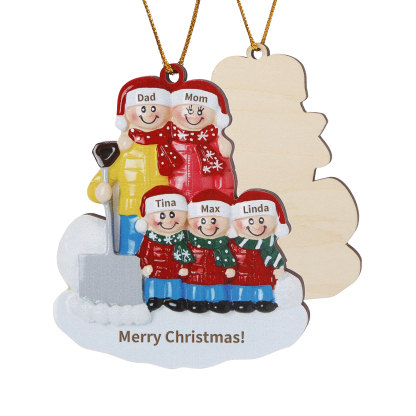 Snow Shoveling Family Personalized Wooden Christmas Ornament with Custom 5 Names