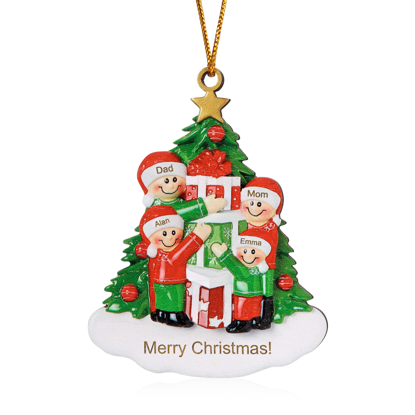 Personalized Christmas Tree with Presents Family Ornament Custom 4 Names Wood Ornament