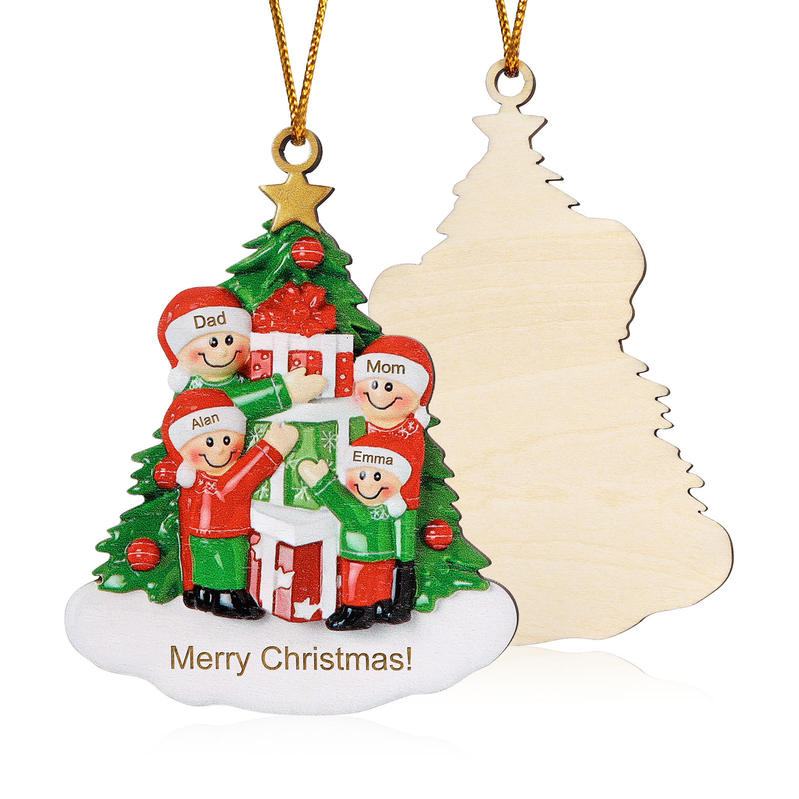Personalized Christmas Tree with Presents Family Ornament Custom 4 Names Wood Ornament