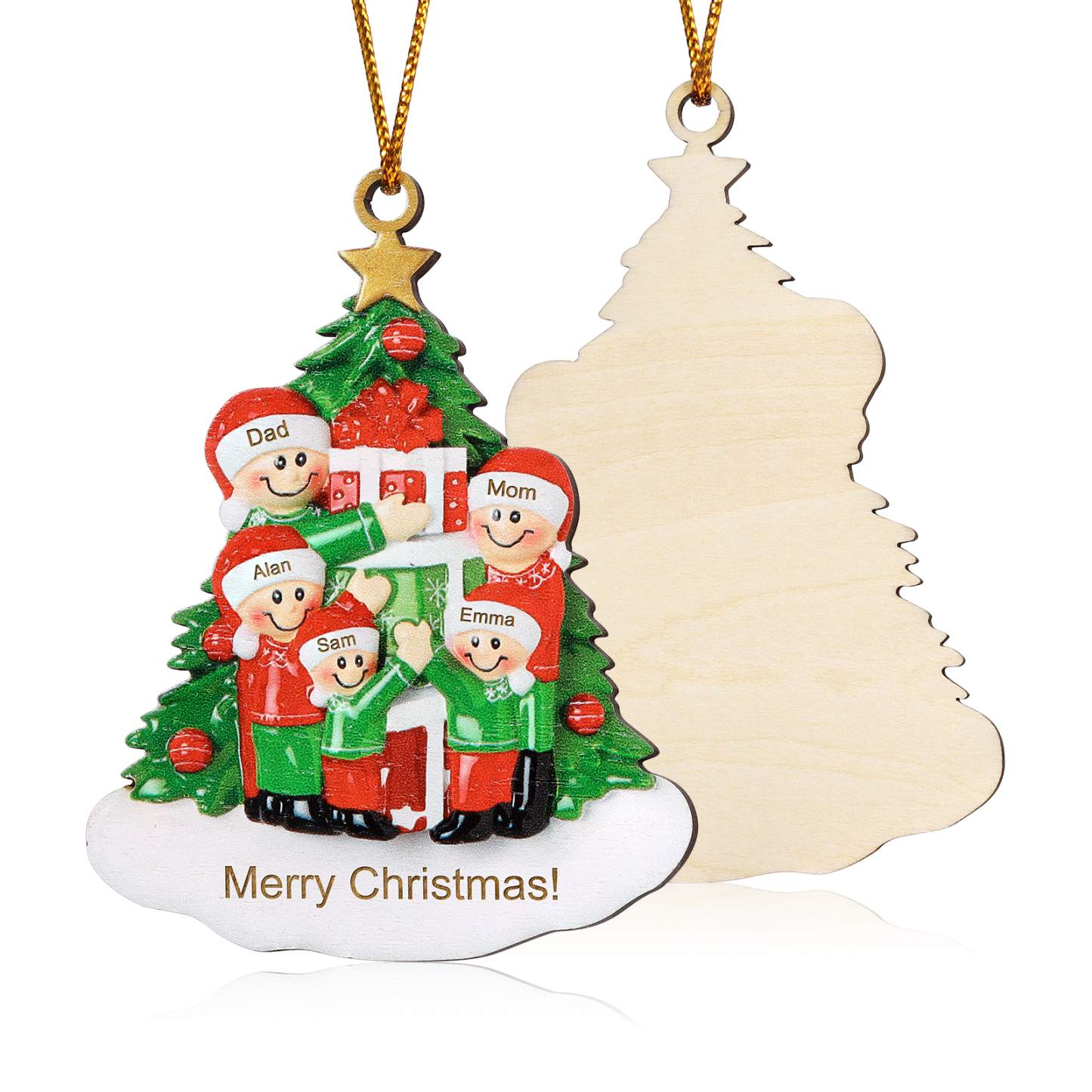 Personalized Christmas Tree with Presents Family Ornament Custom 5 Names Wood Ornament