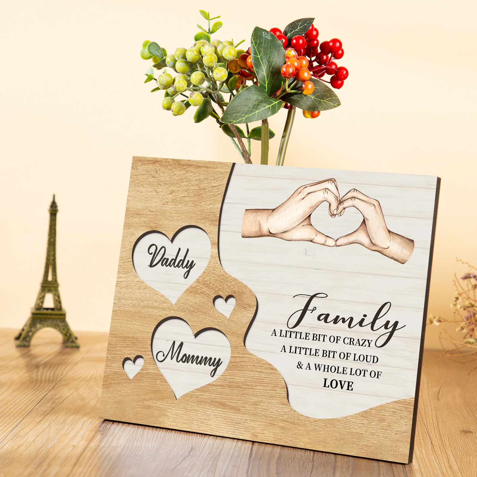 Personalized Family Wood Plaque with Heart & Hand Signs Custom Gift with 2-8 Names