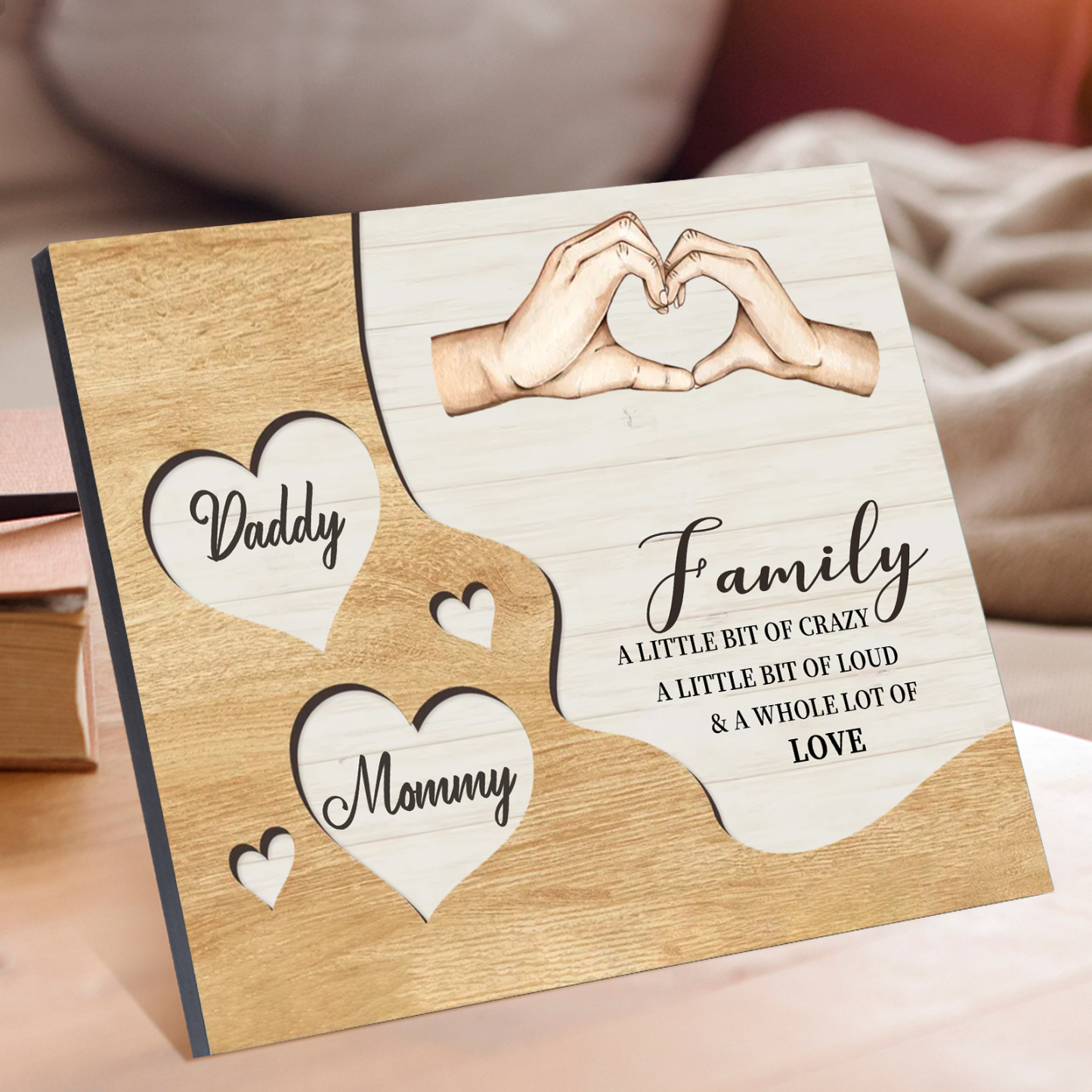 Personalized Family Wood Plaque with Heart & Hand Signs Custom Gift with 2-8 Names