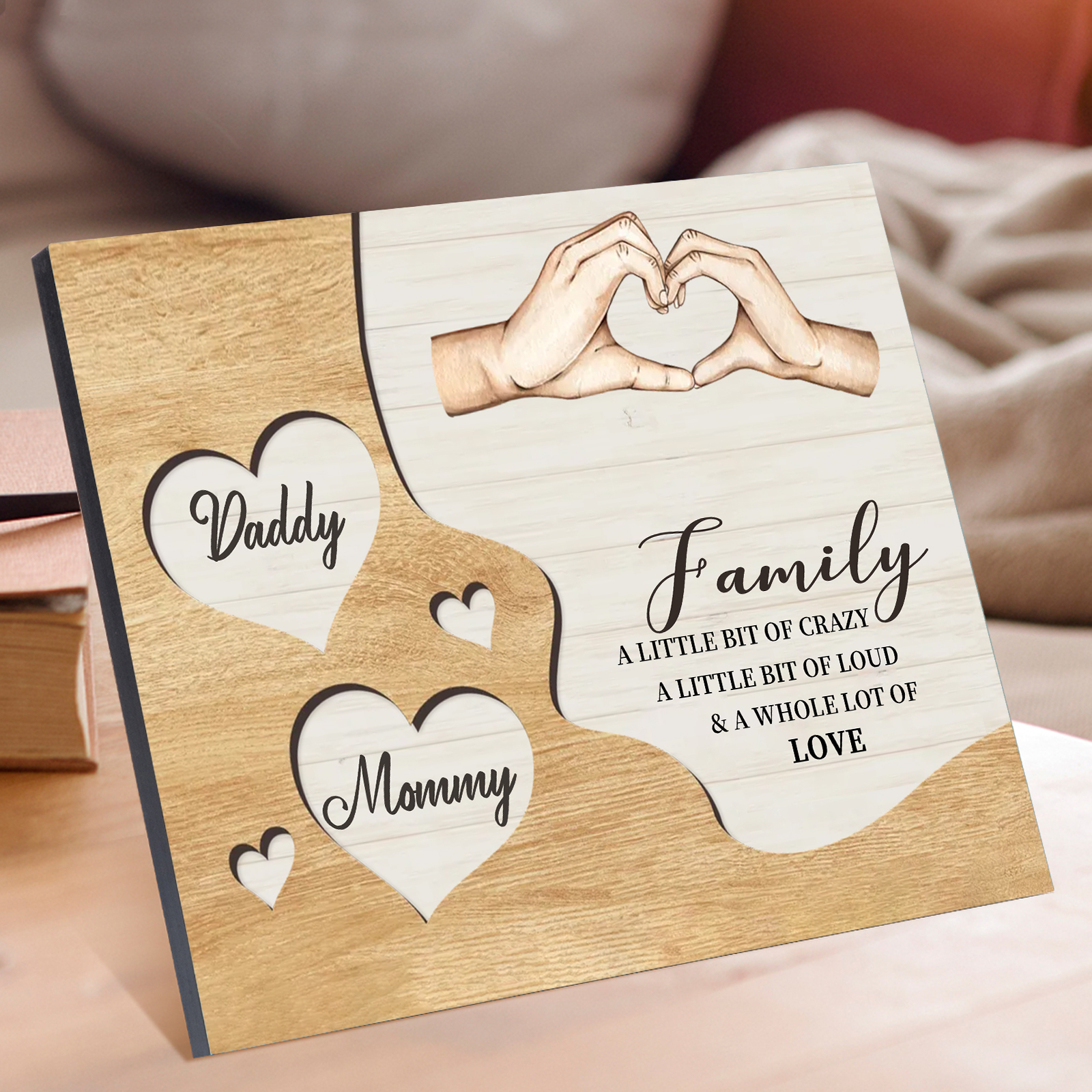 Personalized Family Wood Plaque with Heart & Hand Signs Custom Gift with 2-8 Names