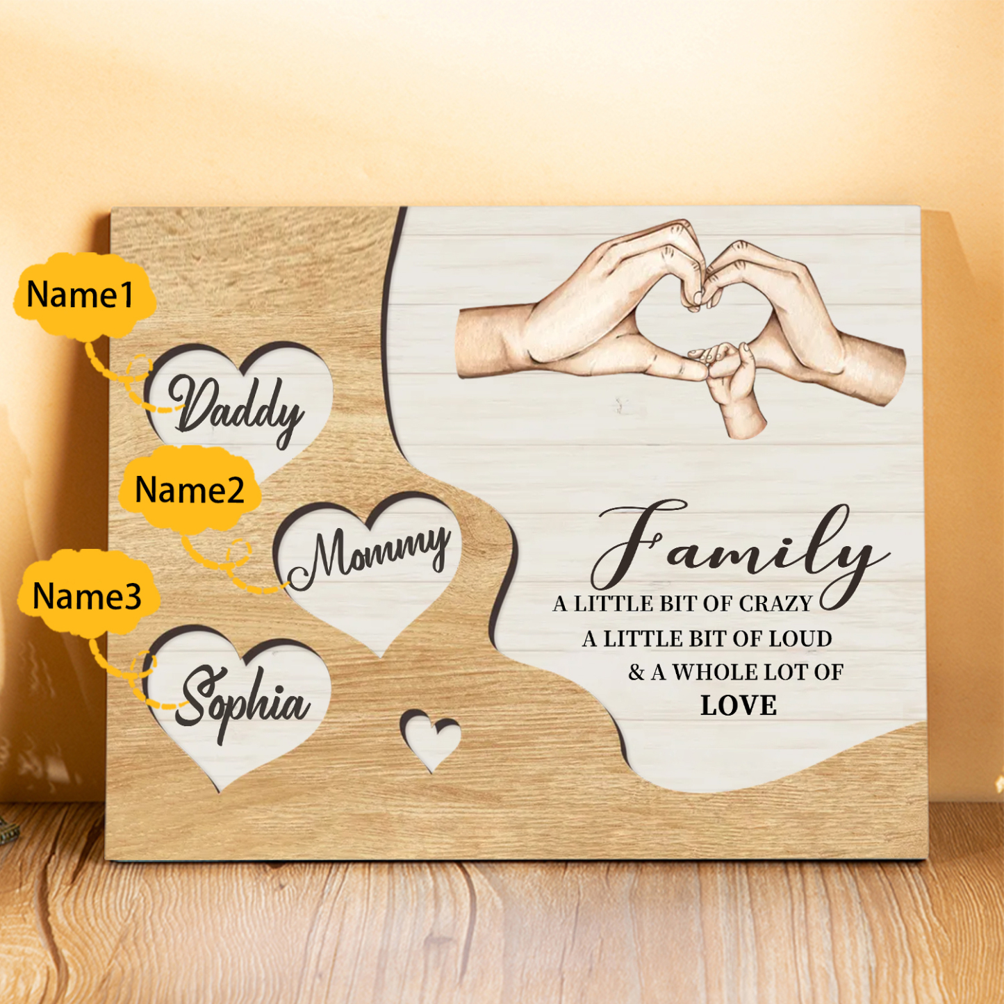 Personalized Family Wood Plaque with Heart & Hand Signs Custom Gift with 2-8 Names