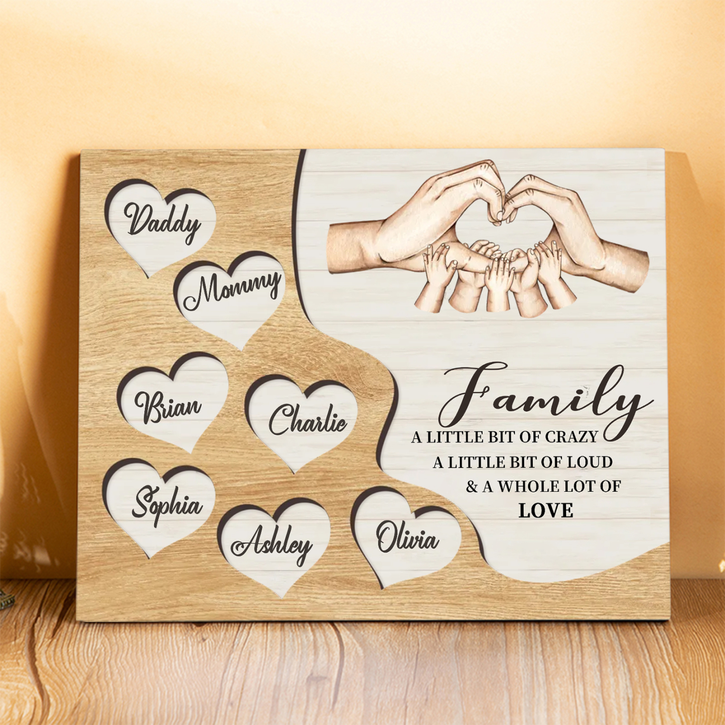 Personalized Family Wood Plaque with Heart & Hand Signs Custom Gift with 2-8 Names