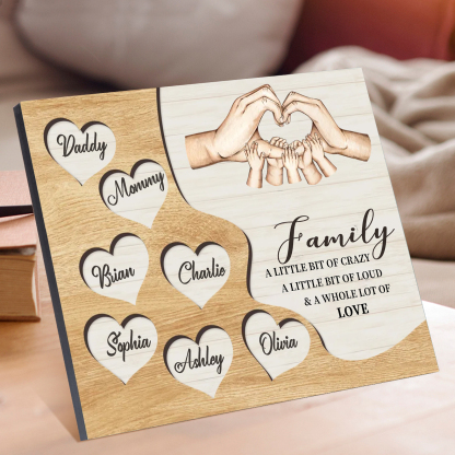 Personalized Family Wood Plaque with Heart & Hand Signs Custom Gift with 2-8 Names