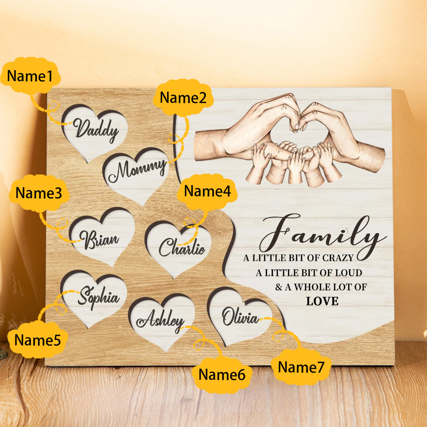 Personalized Family Wood Plaque with Heart & Hand Signs Custom Gift with 2-8 Names