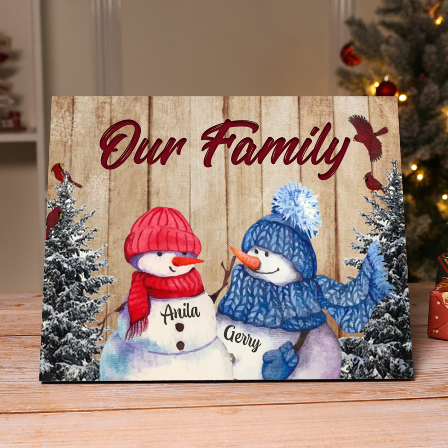 Personalized Christmas Snowman Family Wood Plaque Customizable Wood Frame with 1-8 Names