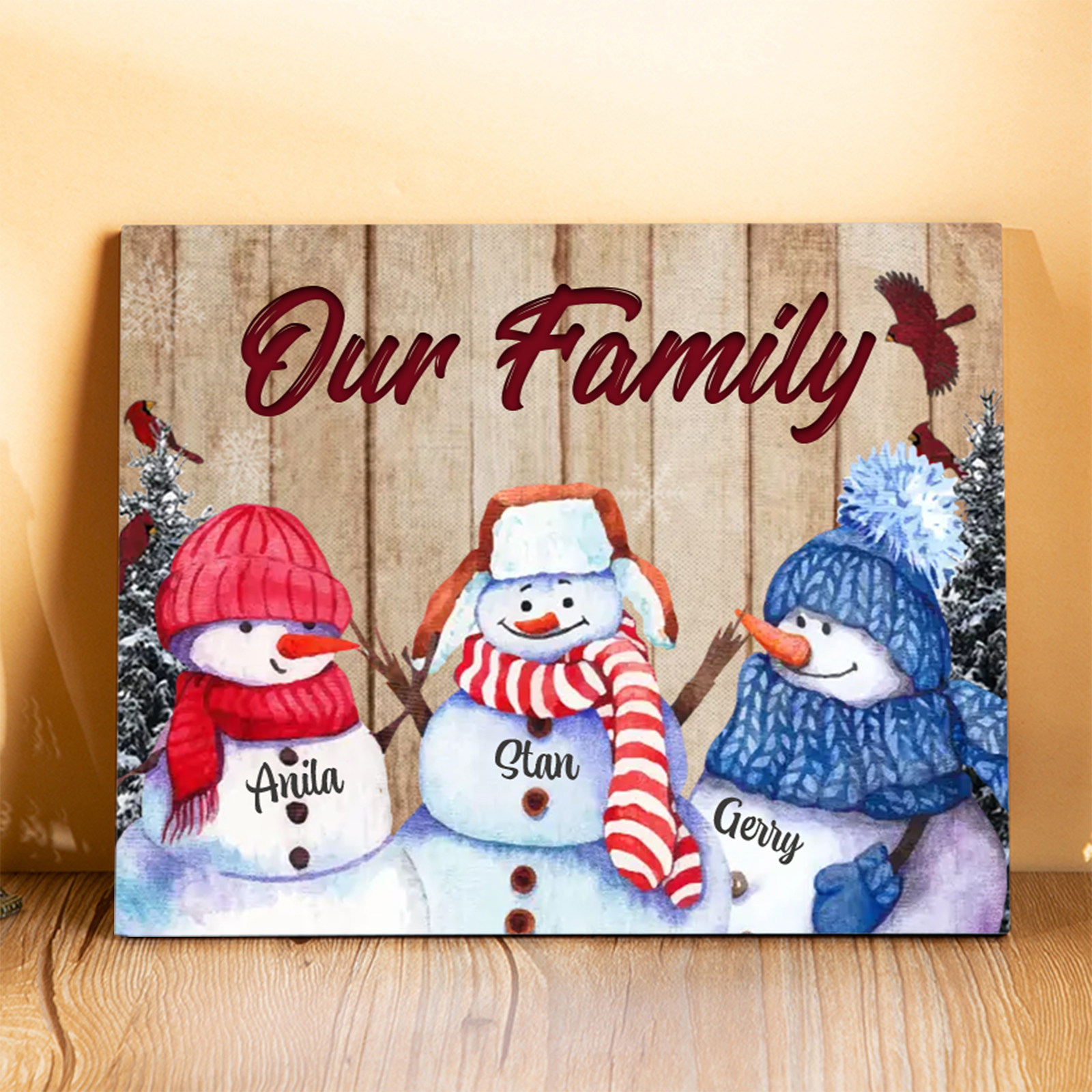 Personalized Christmas Snowman Family Wood Plaque Customizable Wood Frame with 1-8 Names
