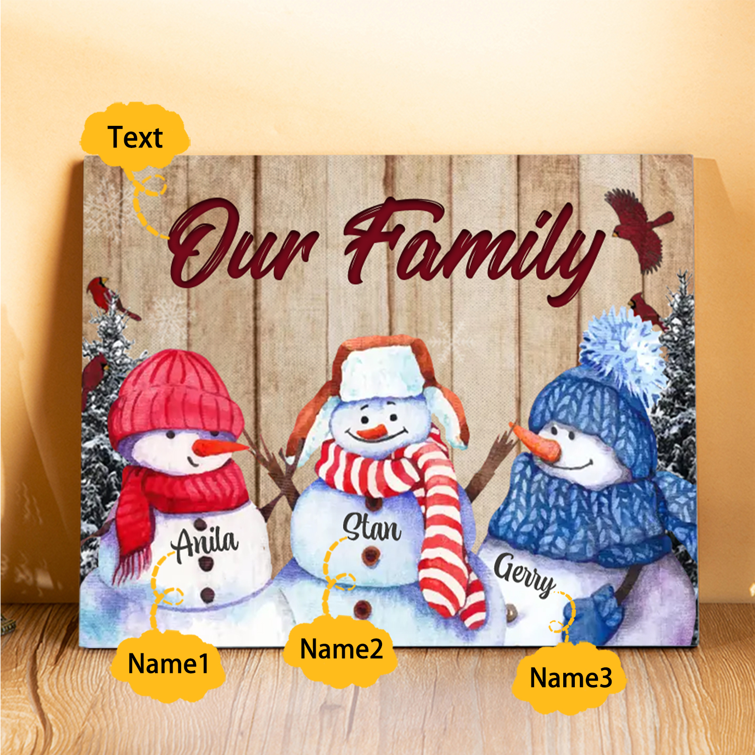 Personalized Christmas Snowman Family Wood Plaque Customizable Wood Frame with 1-8 Names