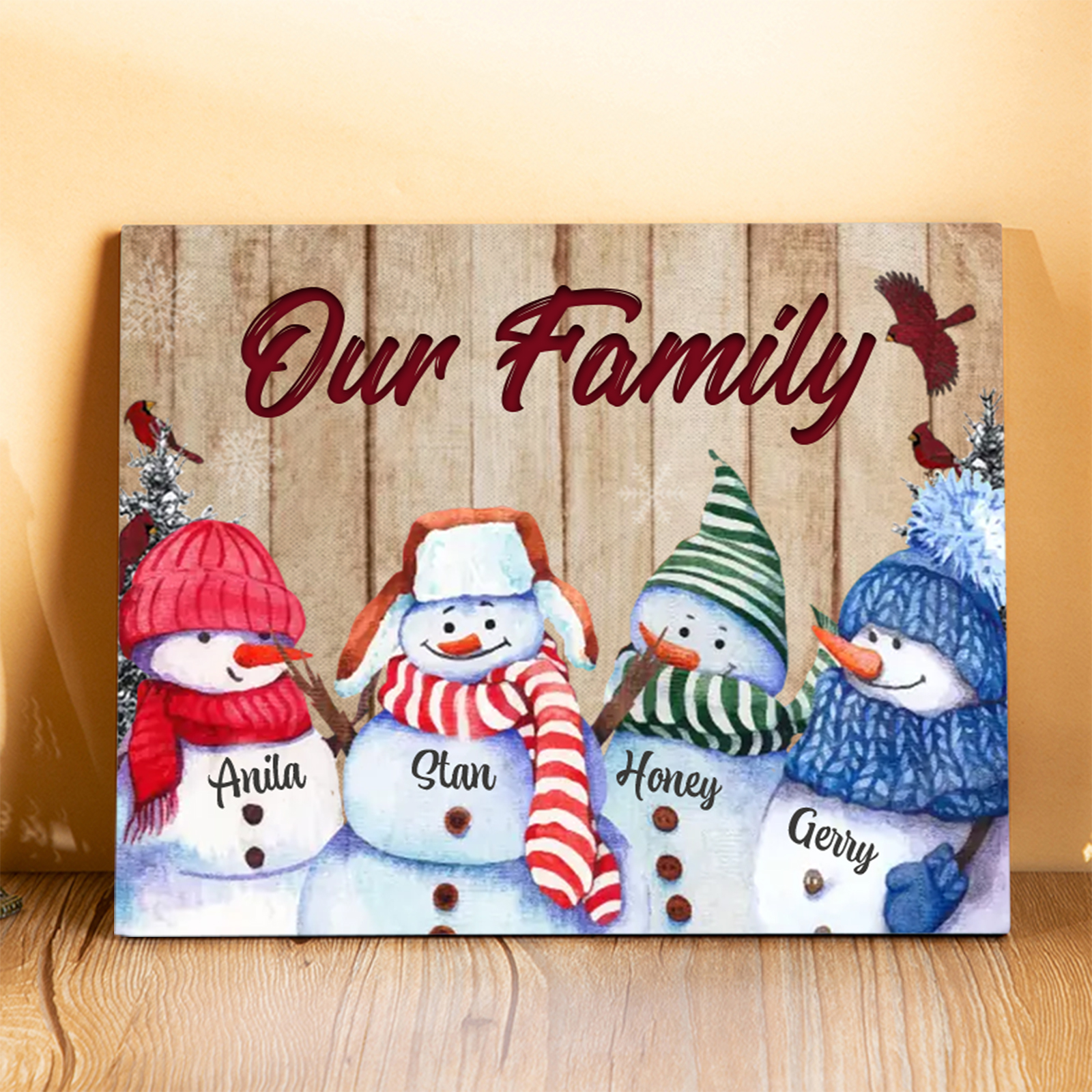 Personalized Christmas Snowman Family Wood Plaque Customizable Wood Frame with 1-8 Names