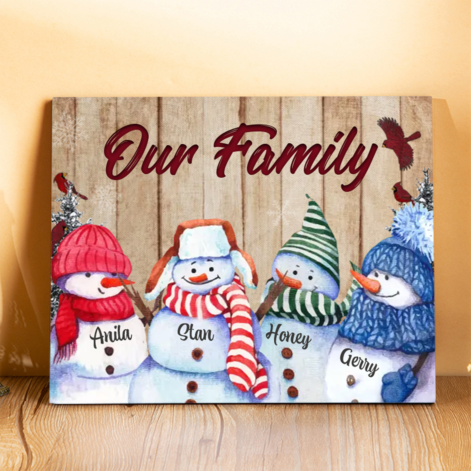 Personalized Christmas Snowman Family Wood Plaque Customizable Wood Frame with 1-8 Names