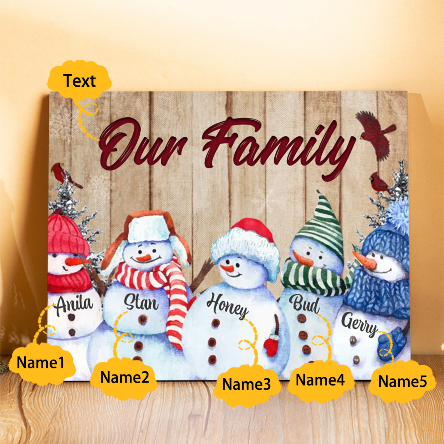 Personalized Christmas Snowman Family Wood Plaque Customizable Wood Frame with 1-8 Names