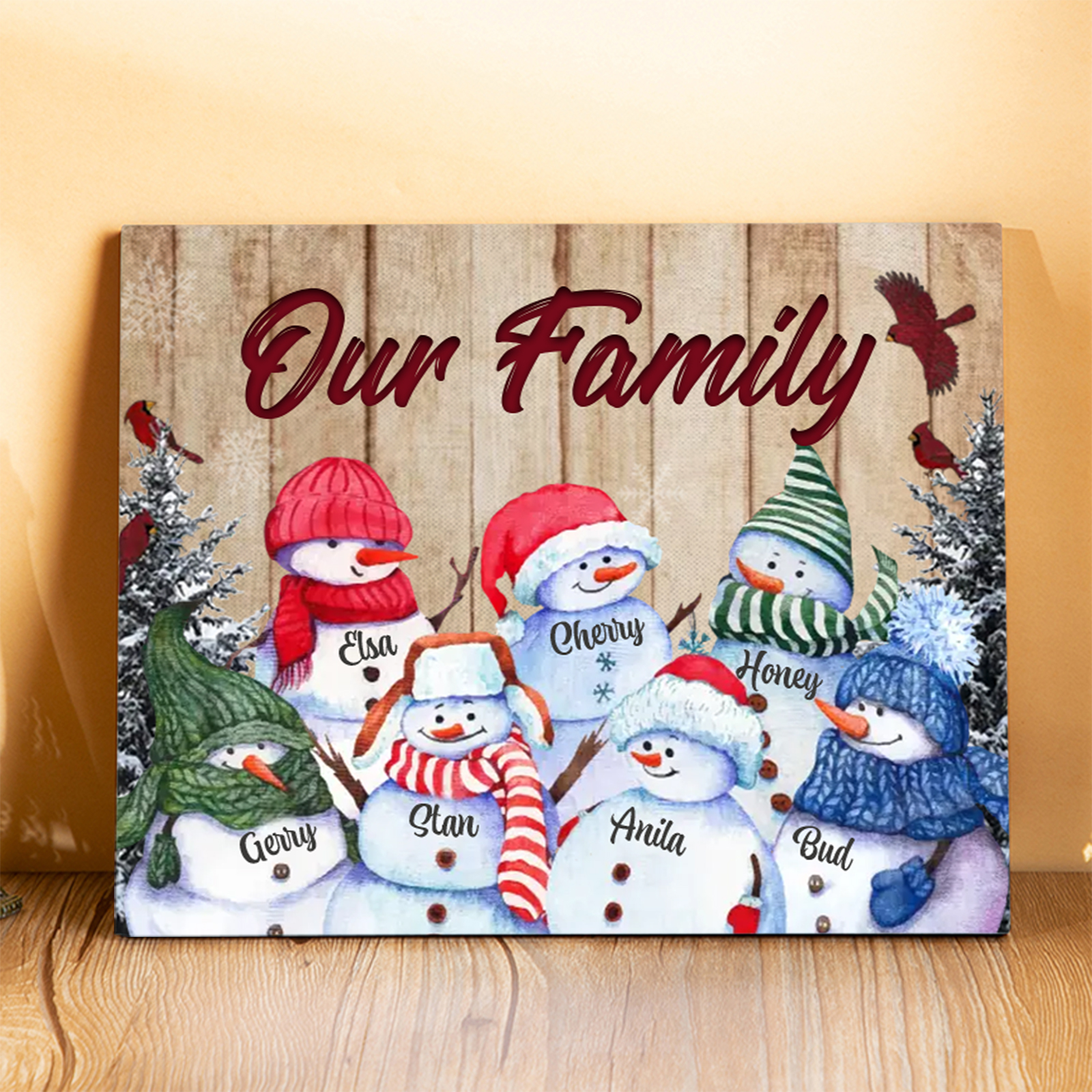 Personalized Christmas Snowman Family Wood Plaque Customizable Wood Frame with 1-8 Names