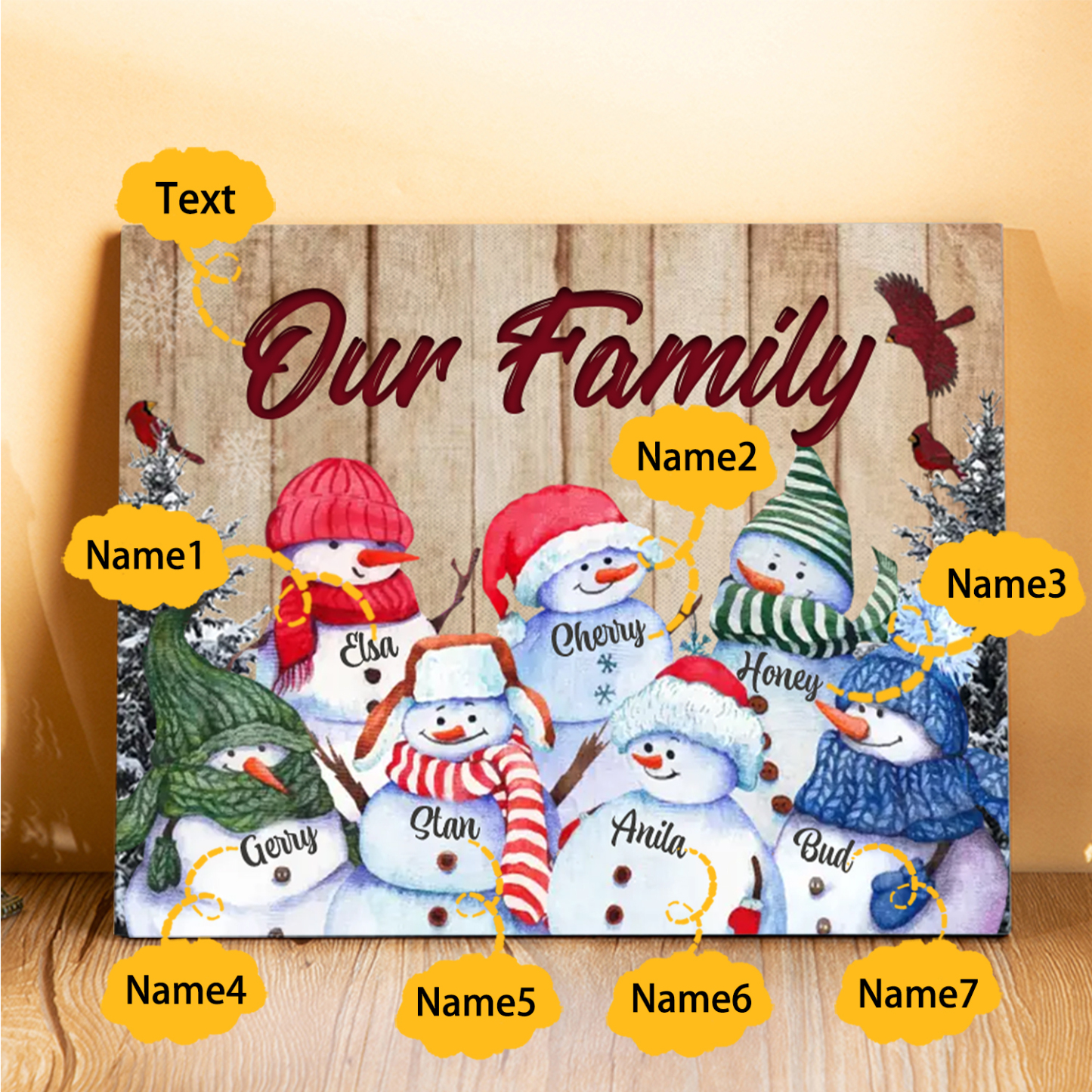 Personalized Christmas Snowman Family Wood Plaque Customizable Wood Frame with 1-8 Names