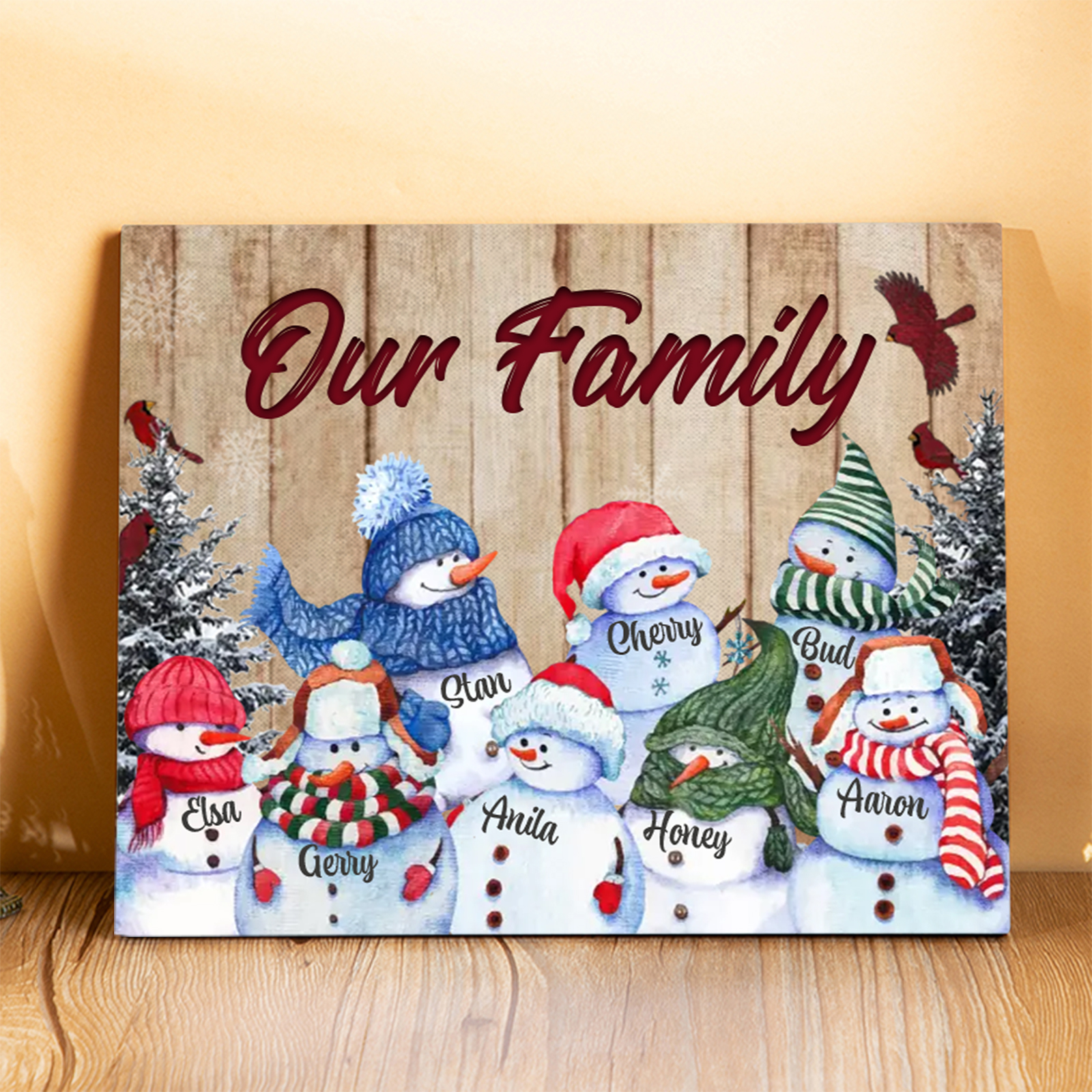 Personalized Christmas Snowman Family Wood Plaque Customizable Wood Frame with 1-8 Names