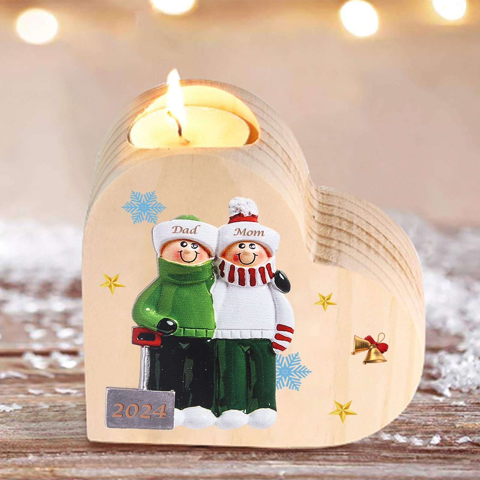 Personalized Heart Wooden Candle Holder Snow Shoveling Family Custom with 2-8 Names Christmas Gift