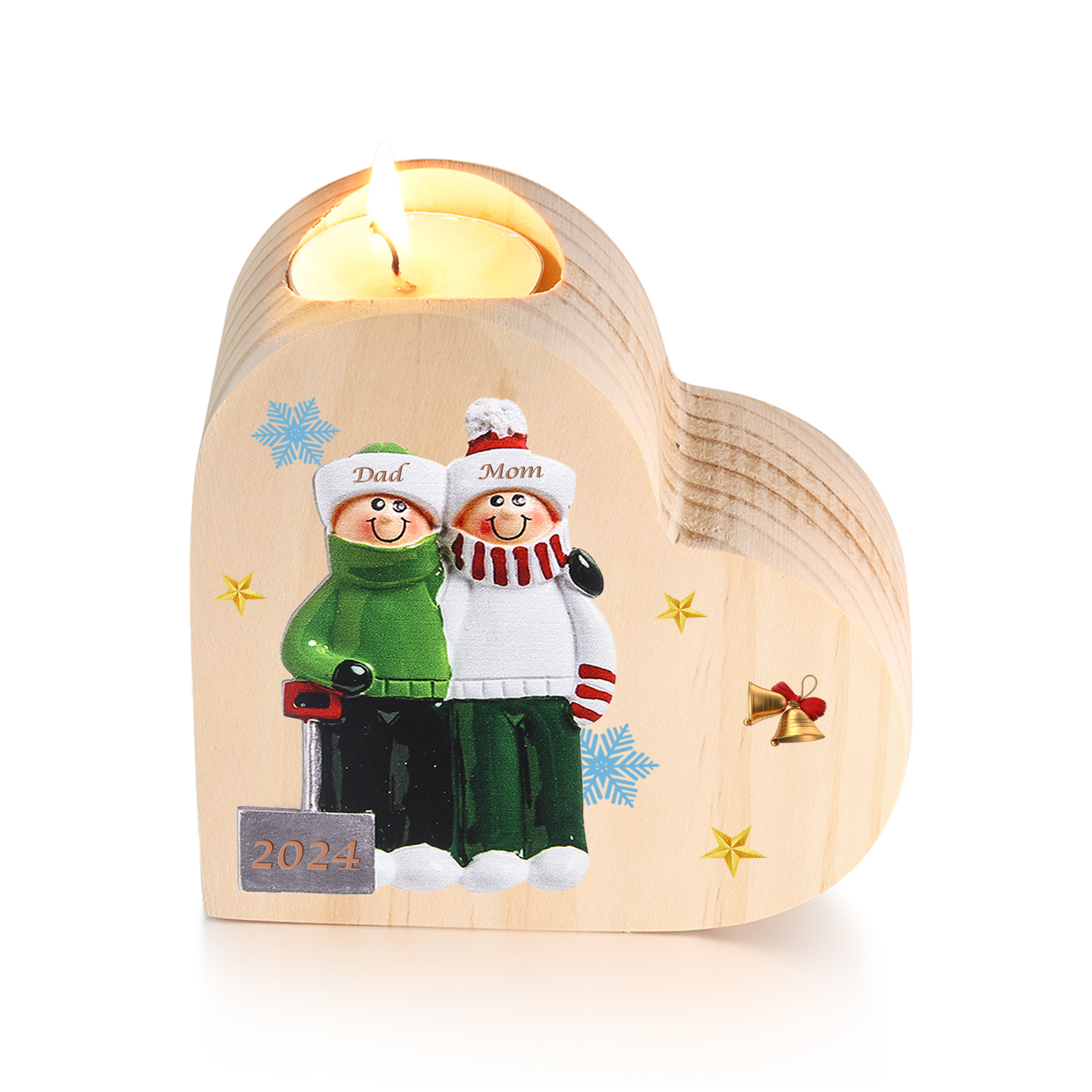 Personalized Heart Wooden Candle Holder Snow Shoveling Family Custom with 2-8 Names Christmas Gift