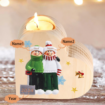 Personalized Heart Wooden Candle Holder Snow Shoveling Family Custom with 2-8 Names Christmas Gift