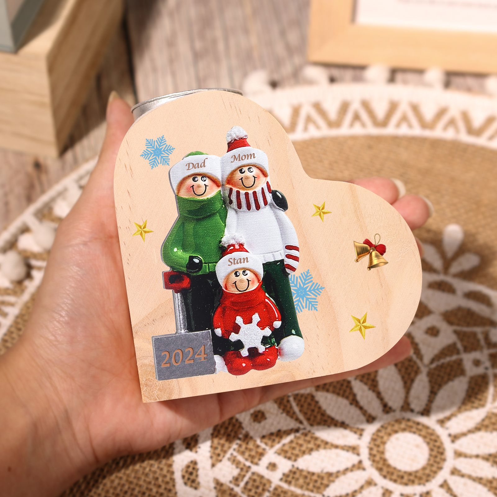 Personalized Heart Wooden Candle Holder Snow Shoveling Family Custom with 2-8 Names Christmas Gift