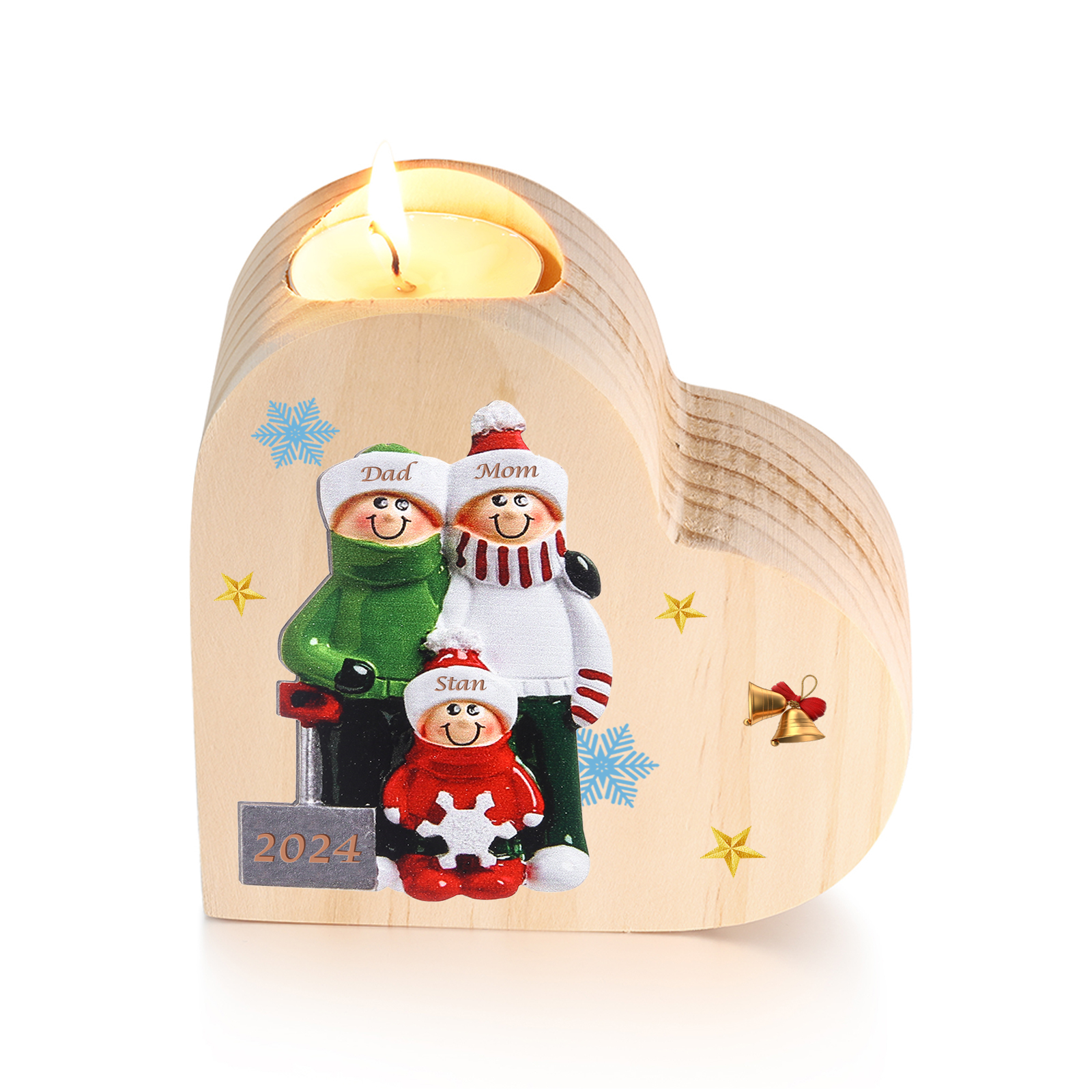 Personalized Heart Wooden Candle Holder Snow Shoveling Family Custom with 2-8 Names Christmas Gift