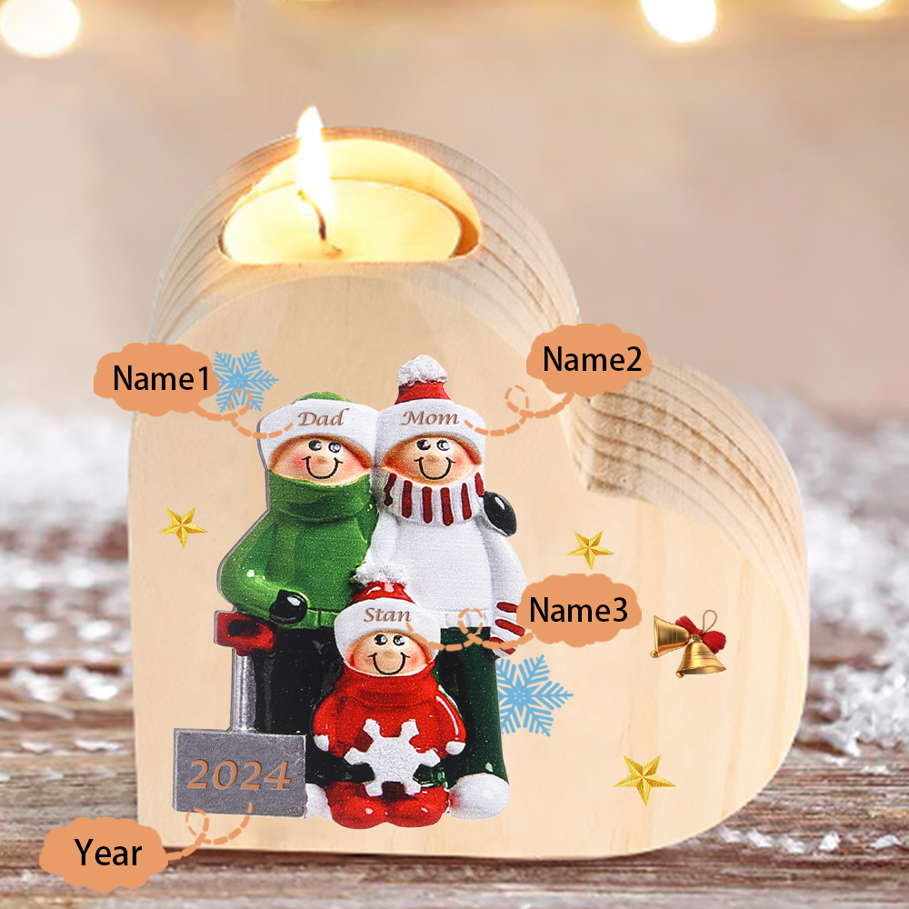 Personalized Heart Wooden Candle Holder Snow Shoveling Family Custom with 2-8 Names Christmas Gift