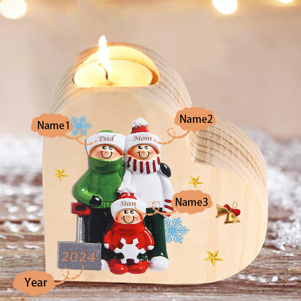 Personalized Heart Wooden Candle Holder Snow Shoveling Family Custom with 2-8 Names Christmas Gift