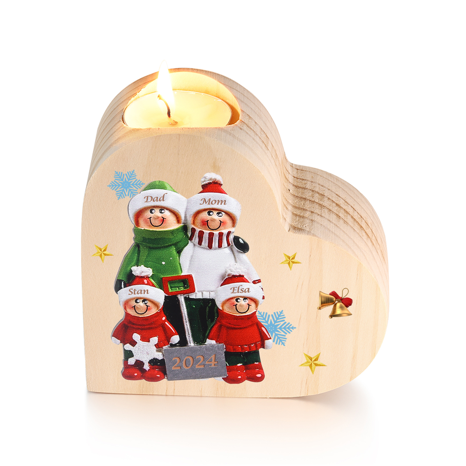 Personalized Heart Wooden Candle Holder Snow Shoveling Family Custom with 2-8 Names Christmas Gift