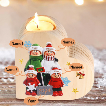 Personalized Heart Wooden Candle Holder Snow Shoveling Family Custom with 2-8 Names Christmas Gift