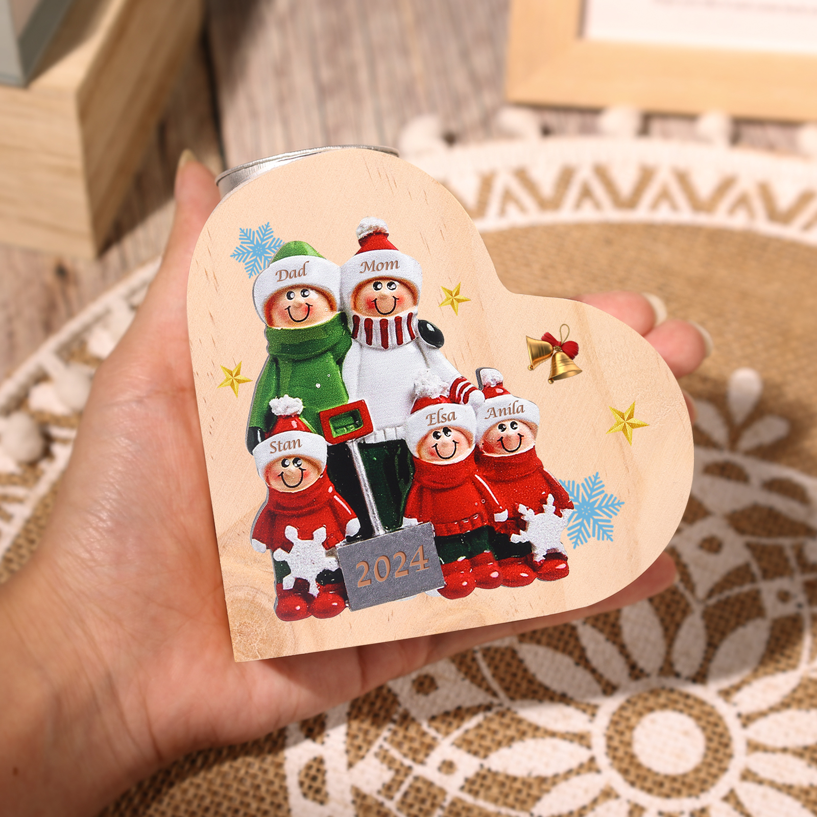 Personalized Heart Wooden Candle Holder Snow Shoveling Family Custom with 2-8 Names Christmas Gift