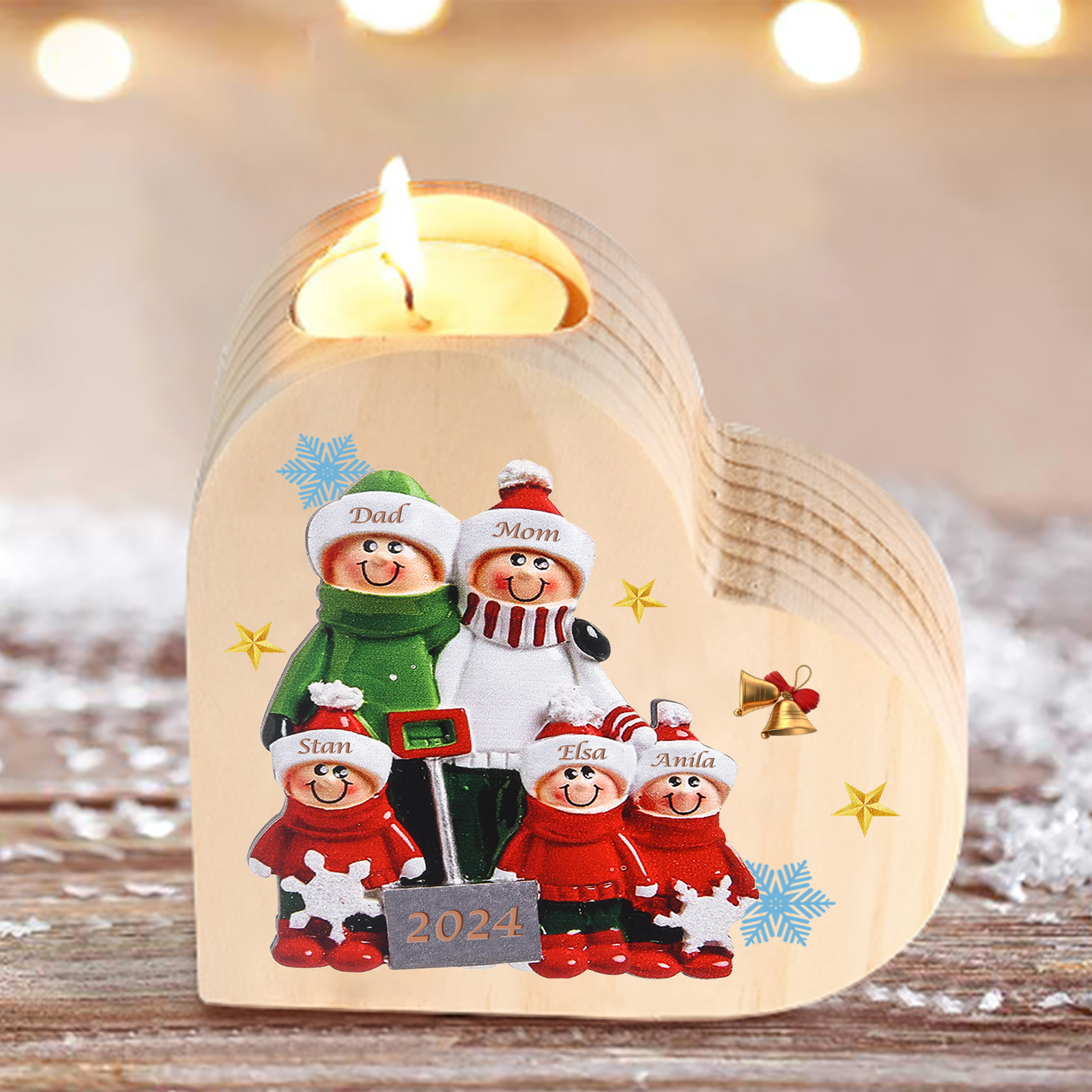 Personalized Heart Wooden Candle Holder Snow Shoveling Family Custom with 2-8 Names Christmas Gift