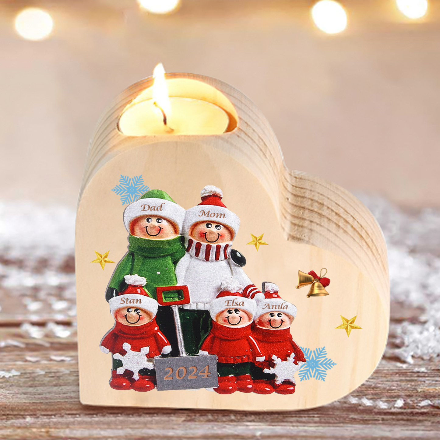 Personalized Heart Wooden Candle Holder Snow Shoveling Family Custom with 2-8 Names Christmas Gift