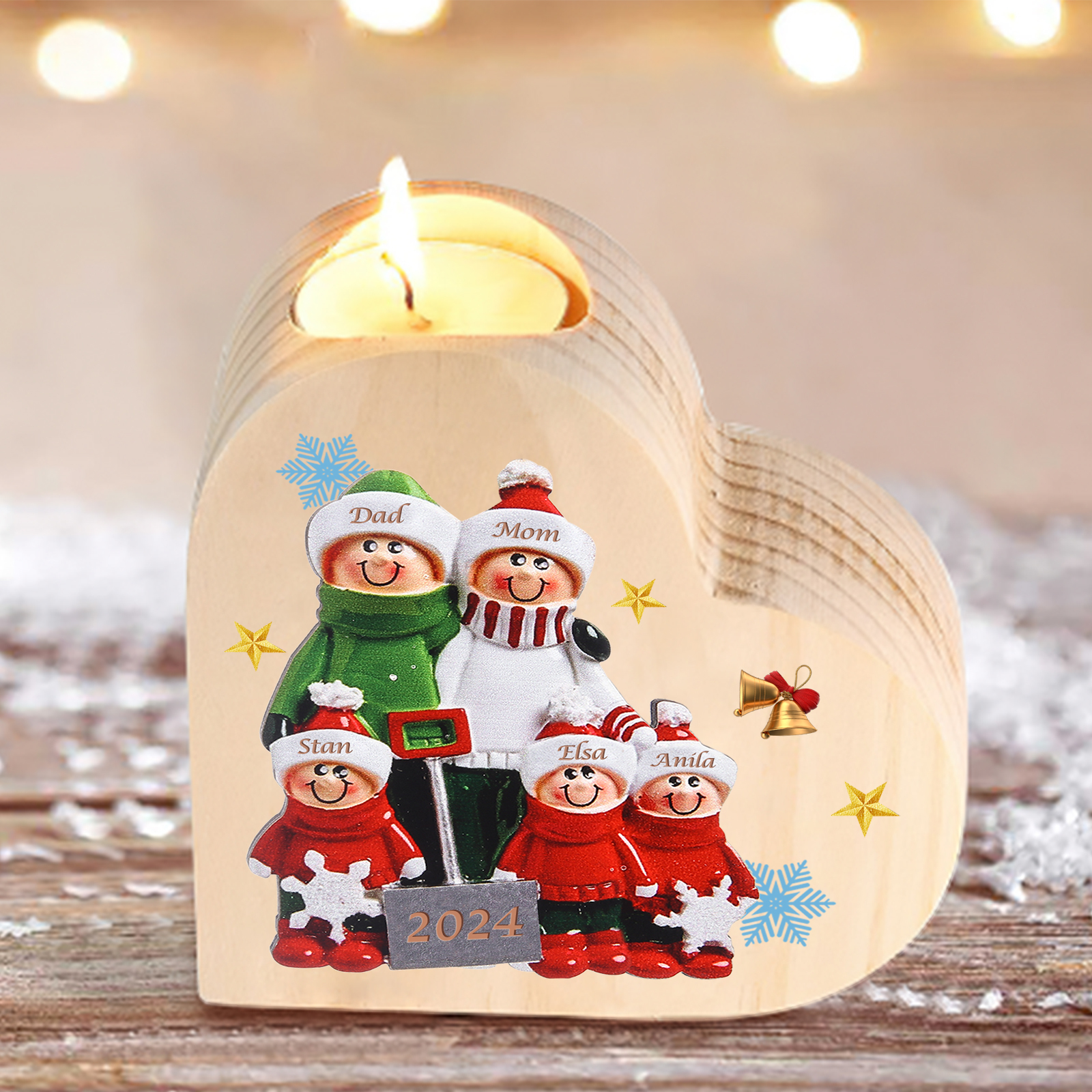 Personalized Heart Wooden Candle Holder Snow Shoveling Family Custom with 2-8 Names Christmas Gift