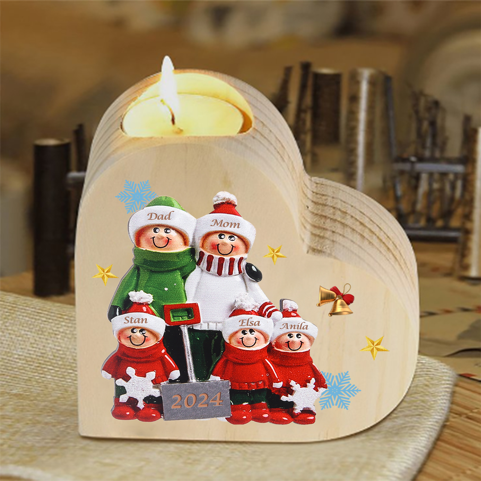 Personalized Heart Wooden Candle Holder Snow Shoveling Family Custom with 2-8 Names Christmas Gift