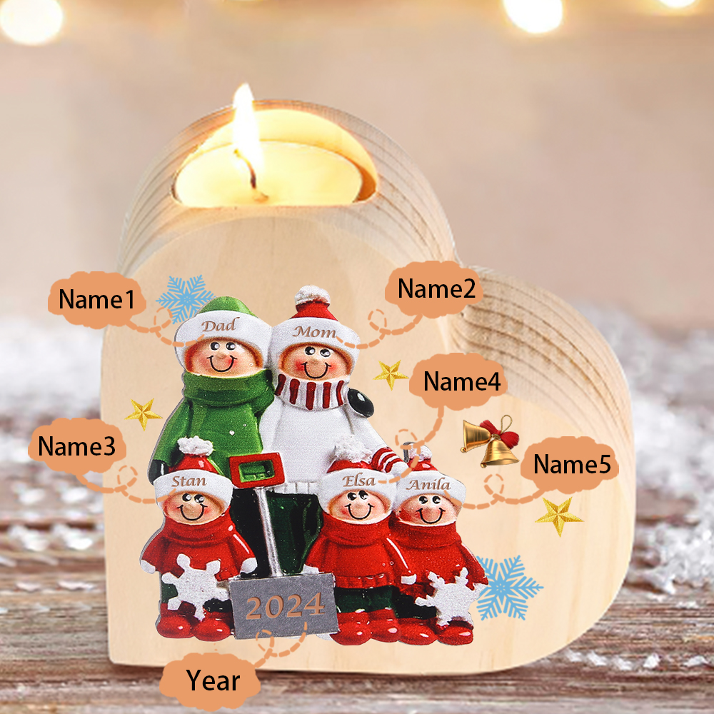 Personalized Heart Wooden Candle Holder Snow Shoveling Family Custom with 2-8 Names Christmas Gift