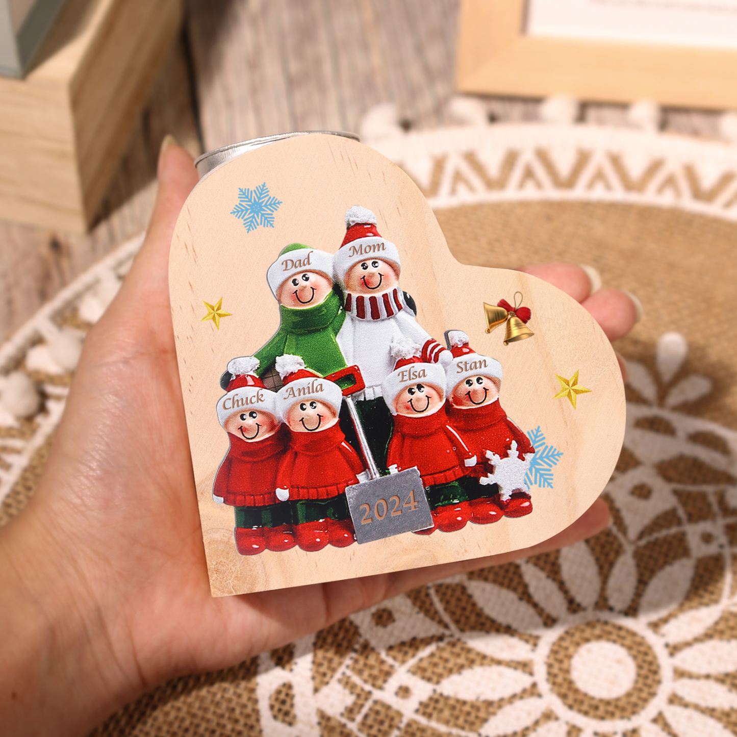 Personalized Heart Wooden Candle Holder Snow Shoveling Family Custom with 2-8 Names Christmas Gift