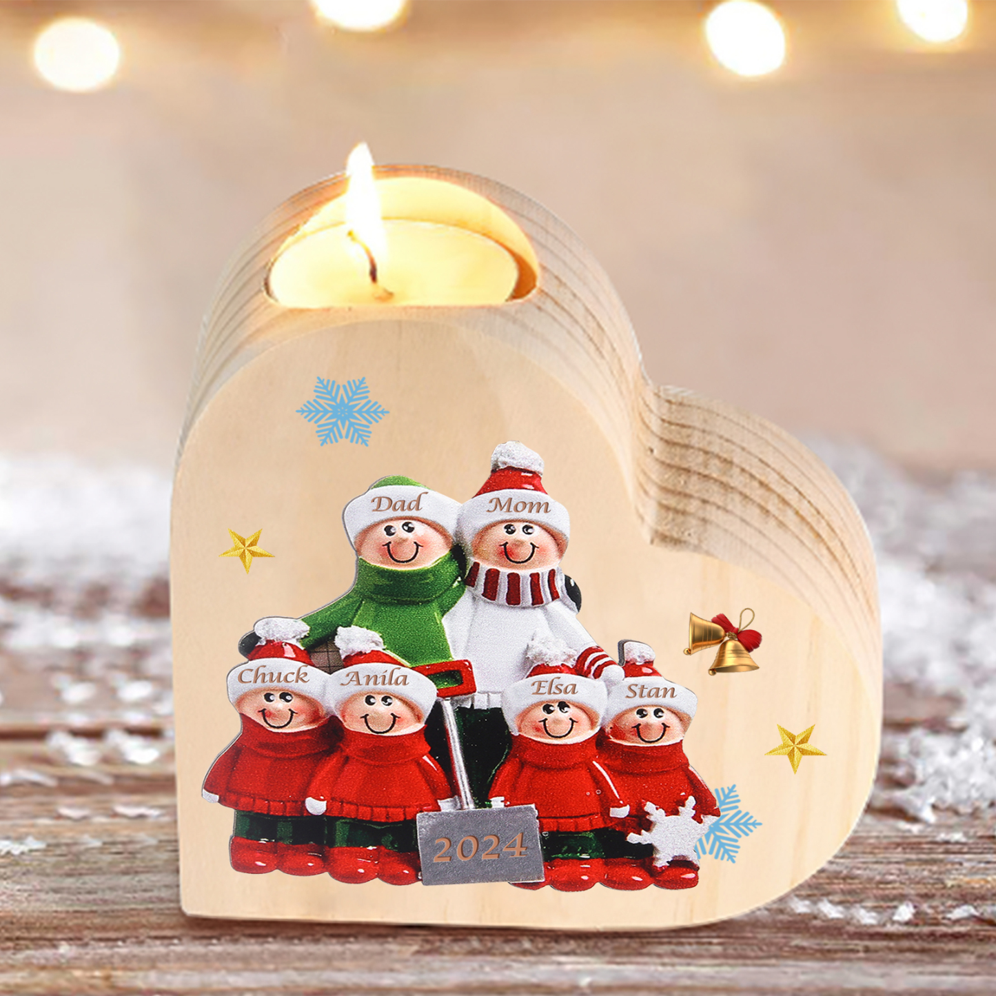 Personalized Heart Wooden Candle Holder Snow Shoveling Family Custom with 2-8 Names Christmas Gift