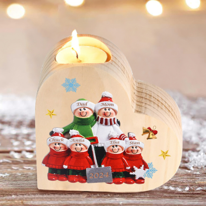 Personalized Heart Wooden Candle Holder Snow Shoveling Family Custom with 2-8 Names Christmas Gift